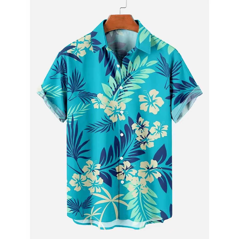 Camisa hawaiana de un solo pecho suelta de manga corta de verano para hombre simple y fresca playa de vacaciones flores estampadas en 3D