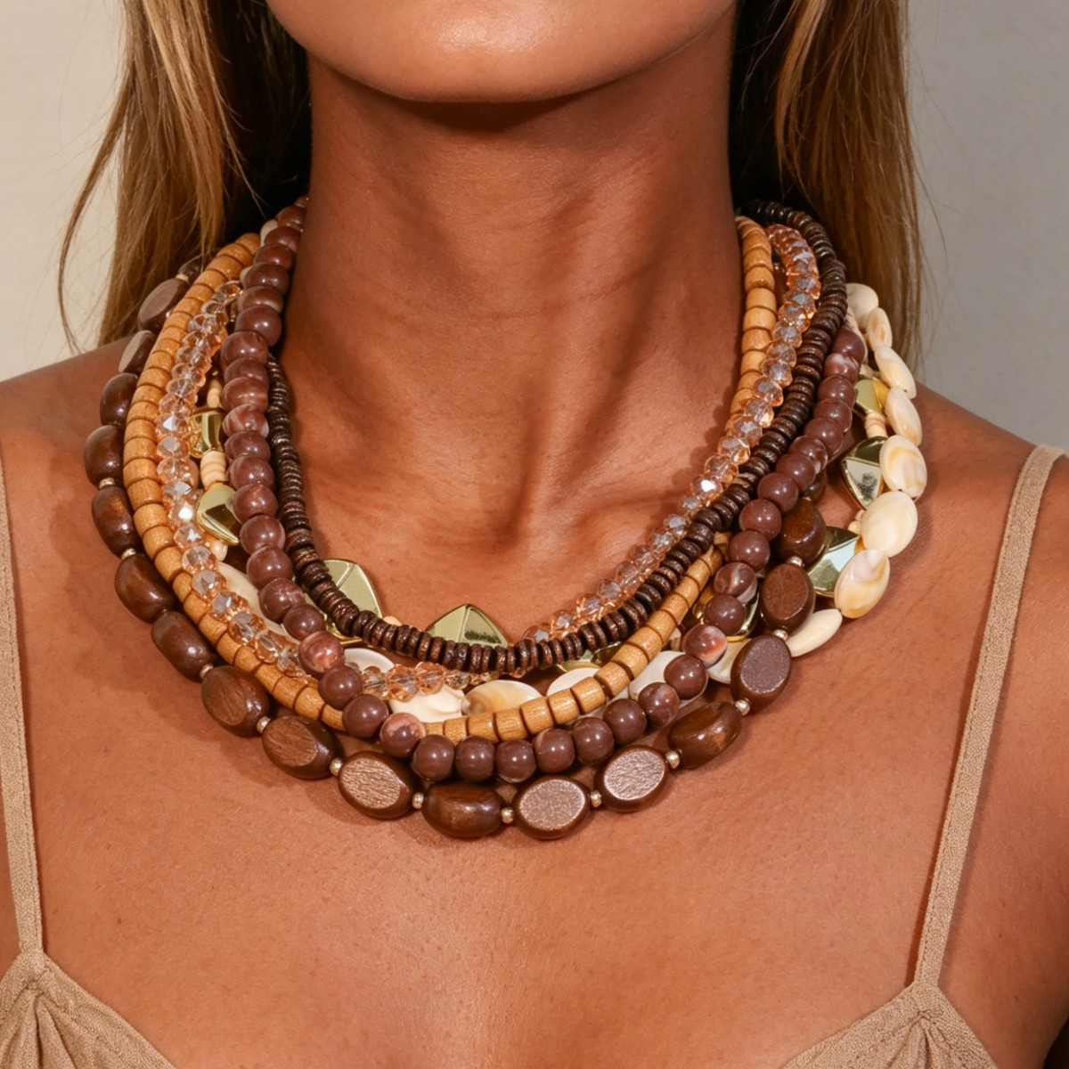 Retro Bohemian Resort Style Natural Wood Beads and Artificial Crystal Ccb Multi-Material Multi-Layered Clavicle Necklace