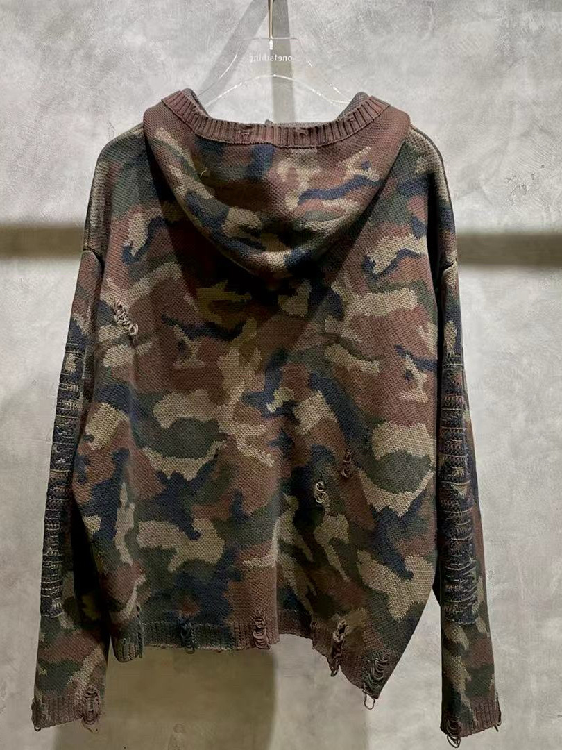 American Retro Ripped Camouflage Zipper Hooded Sweater Men's Trendy Brand Handsome High-End High Street Jacket Couple Men