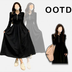 黑色修身長袖連衣裙拼接字裙女秋季新款顯瘦大擺裙領收腰中長裙