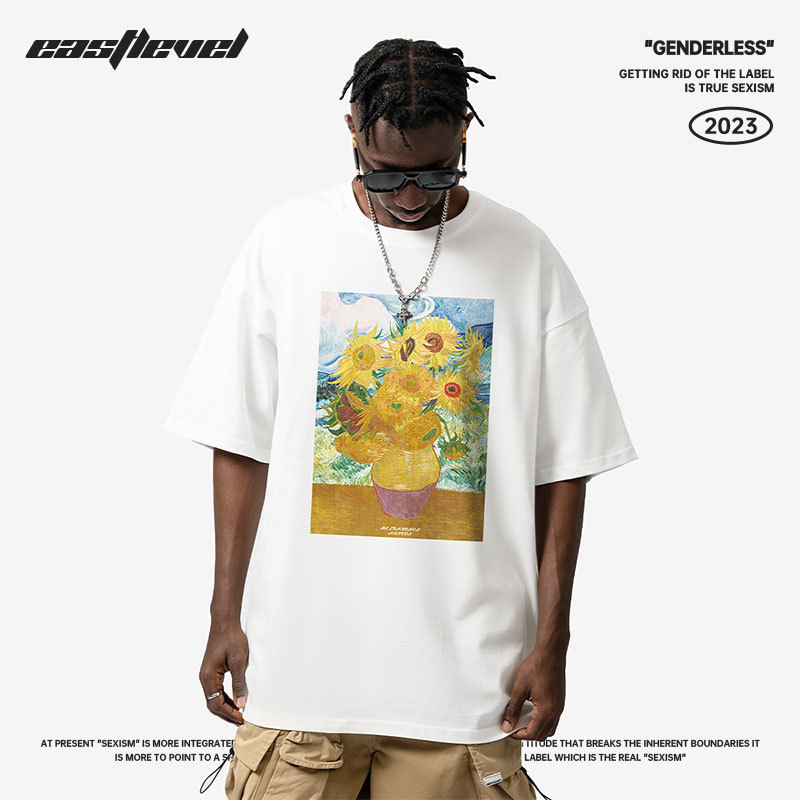 Mode américaine peinture à l'huile à manches courtes t-shirt hommes demi manches coton ample oversize Couple costume T-shirt_voghion.com