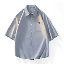 跨境批发新款男士夏季爱小红心袖标衬衫 帅气时尚短袖白衬衫爱心