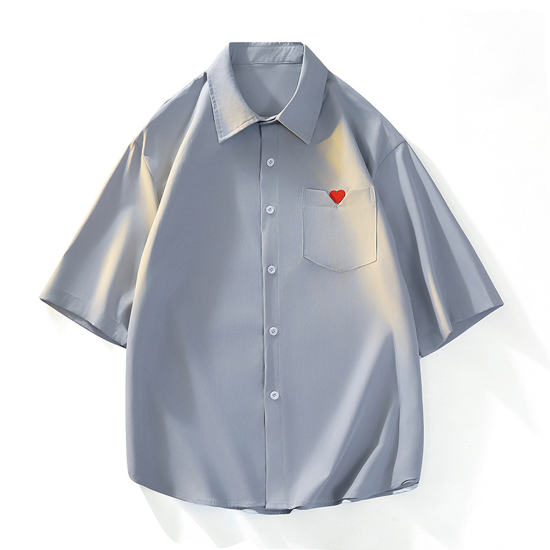 跨境批发新款男士夏季爱小红心袖标衬衫 帅气时尚短袖白衬衫爱心