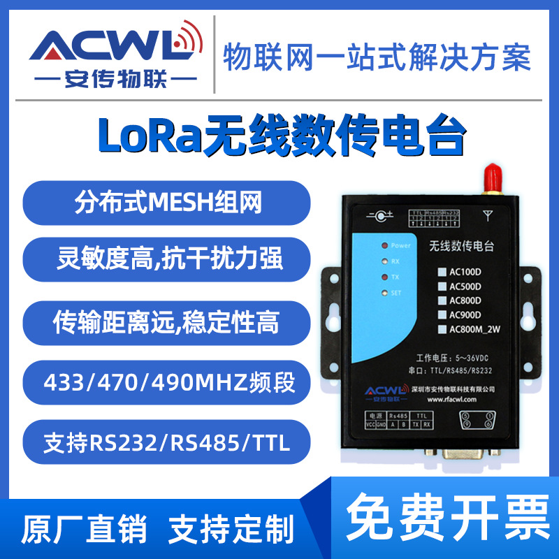 LoRa数传电台Mesh自组网RS485/232串口SX1278透传AC800MD低功耗