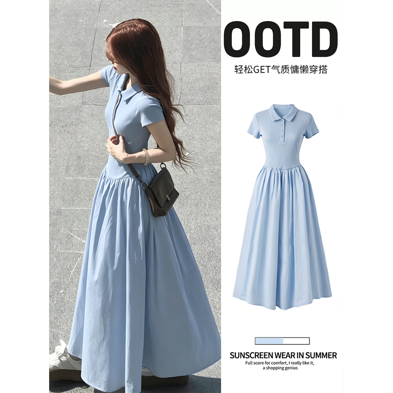 Blue polo collar dress for women, 2026 new summer A-line short-sleeve long dress, slim-fit waist-cinching dress for petite women Blue polo collar dress for women, 2026 new summer A-line short-sleeve long dress, slim-fit waist-cinching dress for petite women