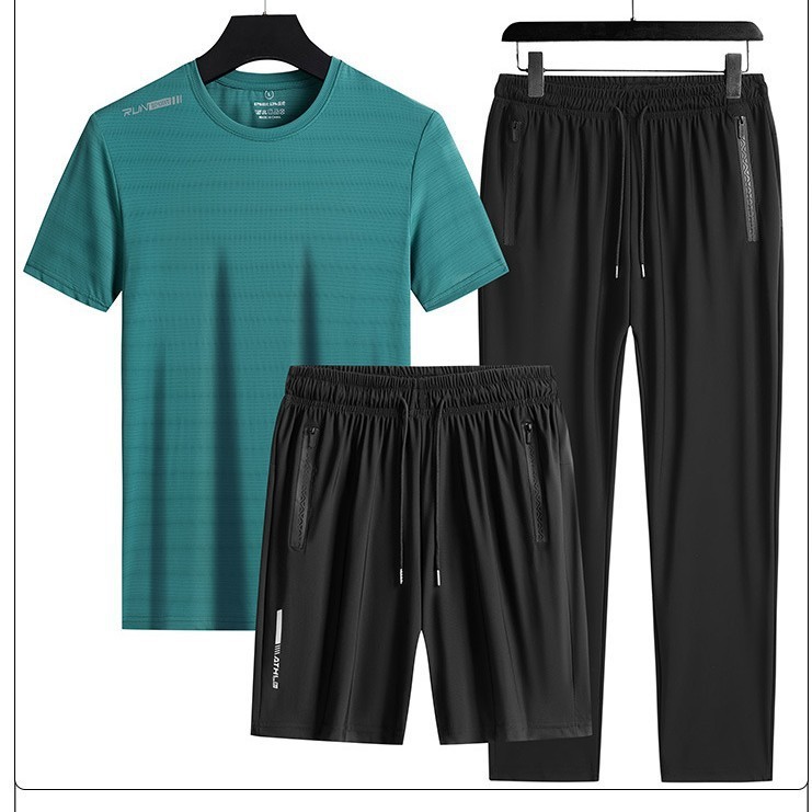 Trajes deportivos transfronterizos para hombres de verano de seda de hielo de manga corta de mediana edad, pantalones rectos para padres de tres piezas de secado rápido