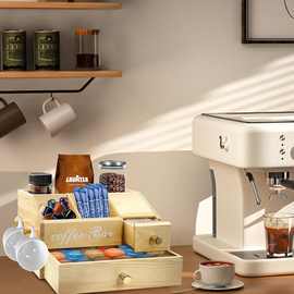 跨境新款木质收纳盒桌面咖啡胶囊配料存储盒抽拉式糖包茶包木盒