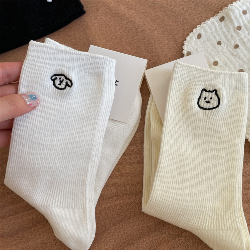 AB刺繡狗狗雙針舒服棉襪中筒襪薄款女生日系春夏簡約堆堆襪批發