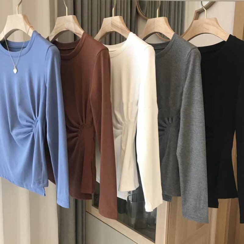 Western style side waist Sun pleated split long-sleeved T-shirt top for women autumn and winter New Korean style solid color all-match bottoming shirt ins Western style side waist Sun pleated split long-sleeved T-shirt top for women autumn and winter New Korean style solid color all-match bottoming shirt ins