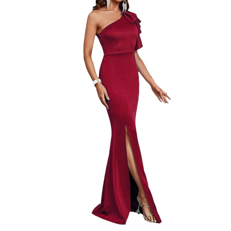 Women's Clothing one shoulder ruffled slit fishtail hem prom bridesmaid dress banquet wedding engagement dress_autovado.com