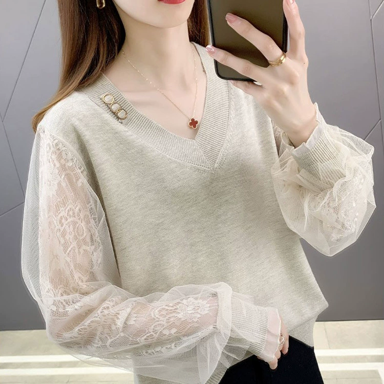 Женский трикотаж с кружевными рукавами и v-образным вырезом в корейском стиле, осень 2025, новая женская модная стильная свободная рубашка с верхом и низом 1