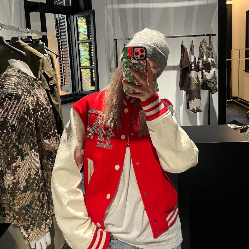 Broken Moon Bai Jingting's Same Style American Casual Pearl Hot Diamond Baseball Uniform High Street Loose Jacket