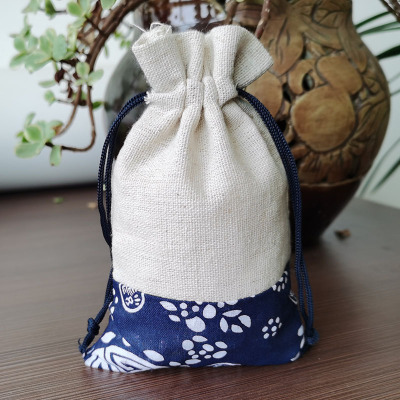 厂家批发 现货束口收纳袋创意拼接抽绳束包装袋 麻布+小花布 定制|ru