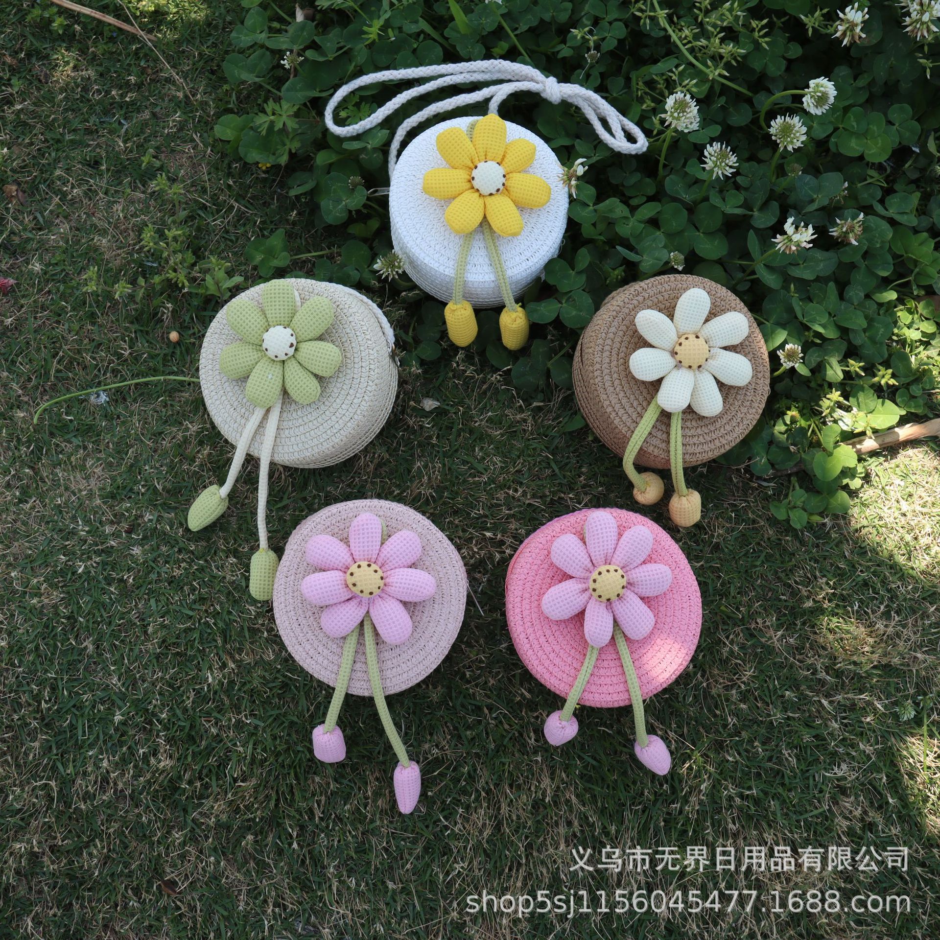 Ins Sweet Bow Flower Crossbody Straw Bag Baby Travel Photo Concave Shape Beach Straw Bag