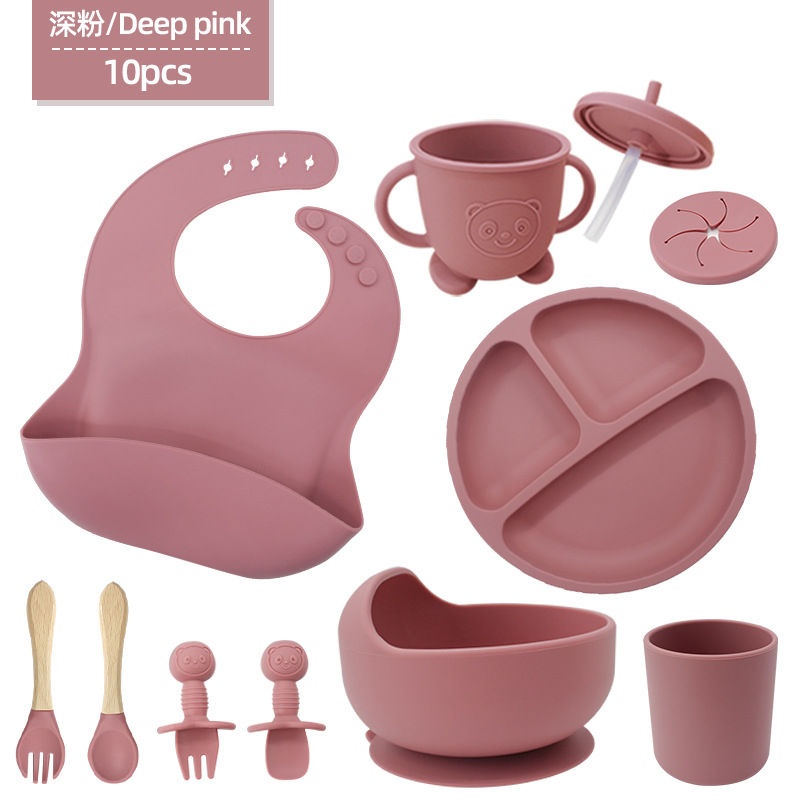 Conjunto de cubiertos de silicona para niños cubiertos de alimentación de grado alimenticio para bebés cubiertos de alimentación integral a prueba de caídas tazón taza de paja