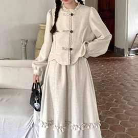 新中式复古盘扣连衣裙套装女2025春秋学院风长袖上衣半身裙两件套