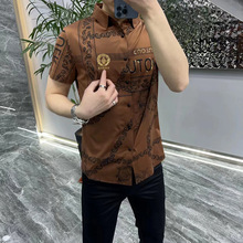 轻奢欧货男士夏季短袖衬衫时尚印花烫钻帅气青年潮流弹力半袖衬衣