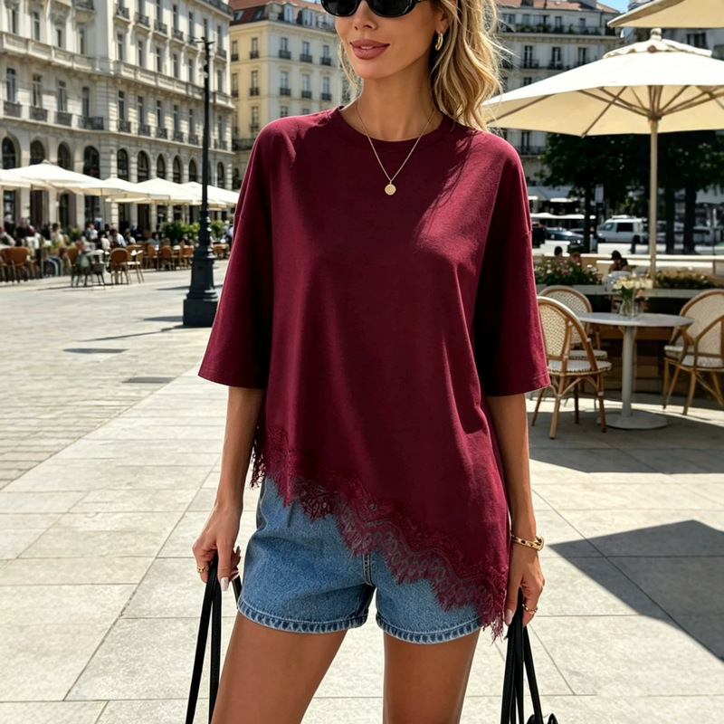 European and American Summer New Style Irregular Hem Lace Patchwork Short-Sleeve T-Shirt with Dropped Shoulders and Round Neck Cross-Border Top Supply Source European and American Summer New Style Irregular Hem Lace Patchwork Short-Sleeve T-Shirt with Dropped Shoulders and Round Neck Cross-Border Top Supply Source