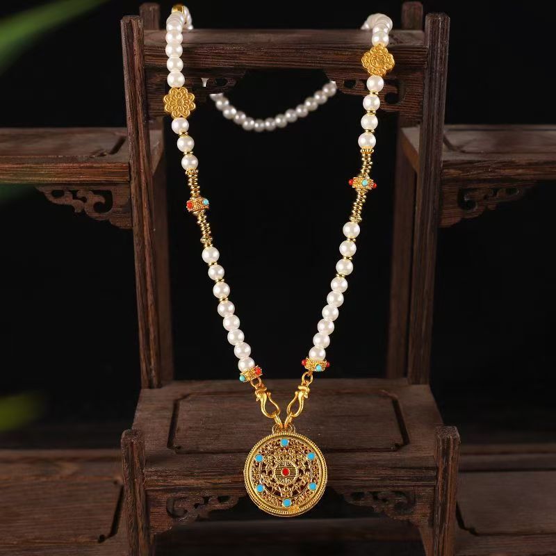Palace-Style Hanfu Cheongsam 2025 New Long Pearl Ancient Filigree Eight Treasures Compass Multi-Treasure Necklace Sweater Chain Palace-Style Hanfu Cheongsam 2025 New Long Pearl Ancient Filigree Eight Treasures Compass Multi-Treasure Necklace Sweater Chain