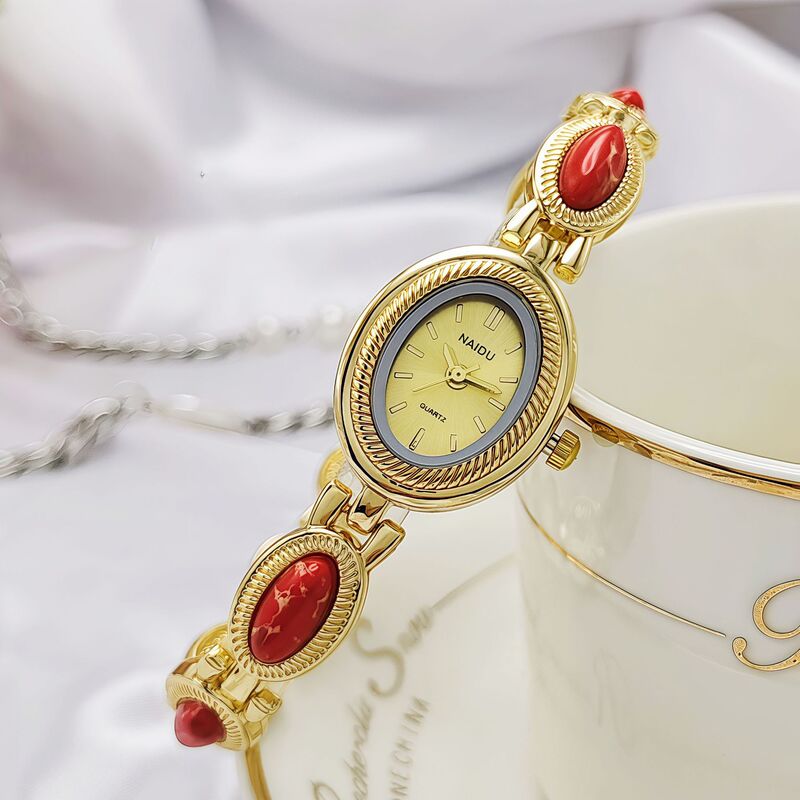 New Colorful Stone Women's Bracelet Watch Korean Version Oval Women's Watch Student Versatile Niche Fashion Gold High-End Sense New Colorful Stone Women's Bracelet Watch Korean Version Oval Women's Watch Student Versatile Niche Fashion Gold High-End Sense