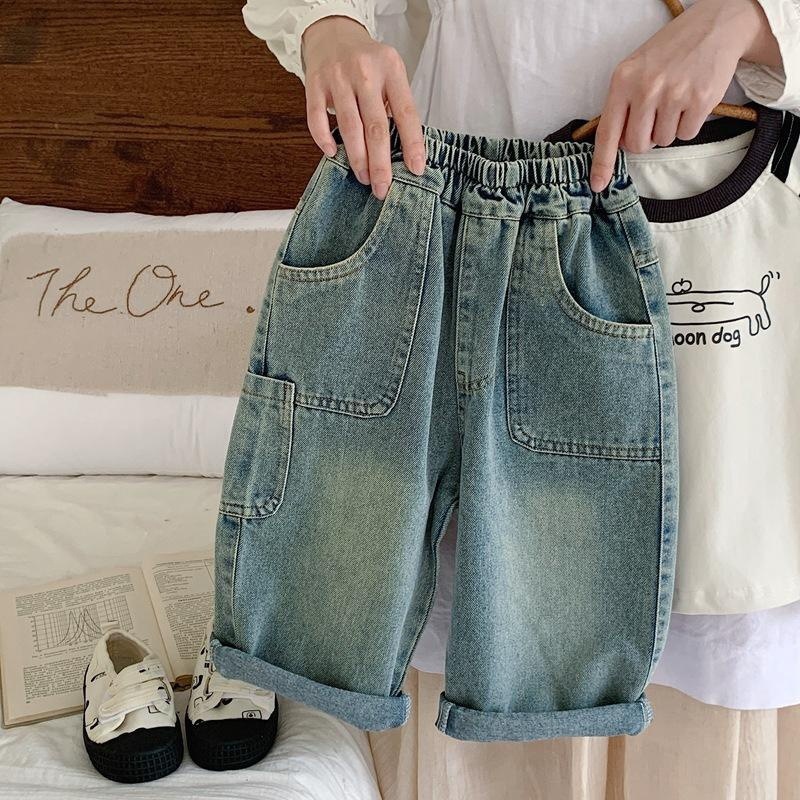 Nuevos niños coreanos sueltos bebés primavera y otoño frescos japoneses retro niños hacen jeans viejos pantalones recto para niños