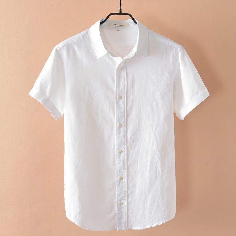 Solid Color Linen Shirt Men's Short-sleeved Slim Top Summer Thin Lapel Youth Cotton and Linen Casual White Shirt