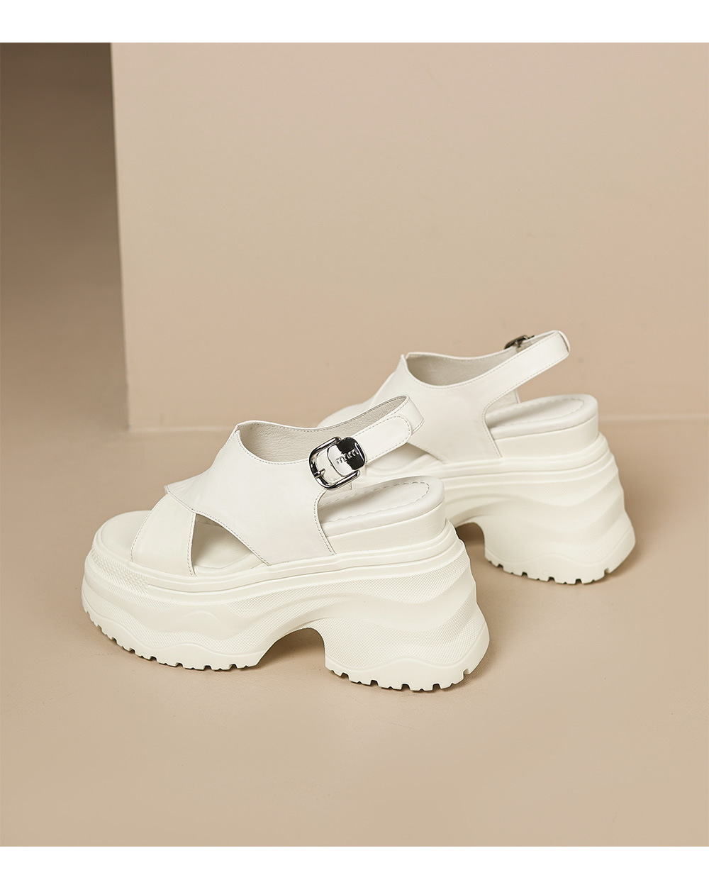 Sandal nữ da bò cao gót 12cm đế xuồng tăng chiều cao mùa hè — màu đen, màu trắng ngà chi tiết 16