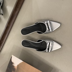 2025 Spring New Style Pointed Toe Bow One-Line Pointed Toe Open Toe Half Drag Ol Stiletto Heel Catwalk Half Drag Women's Sandals