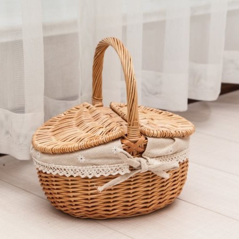 Cestas de bambú de vid de trenzado cestas de picnic cestas de almacenamiento cestas de frutas de trenzado cestas pastorales con cubierta de mesa