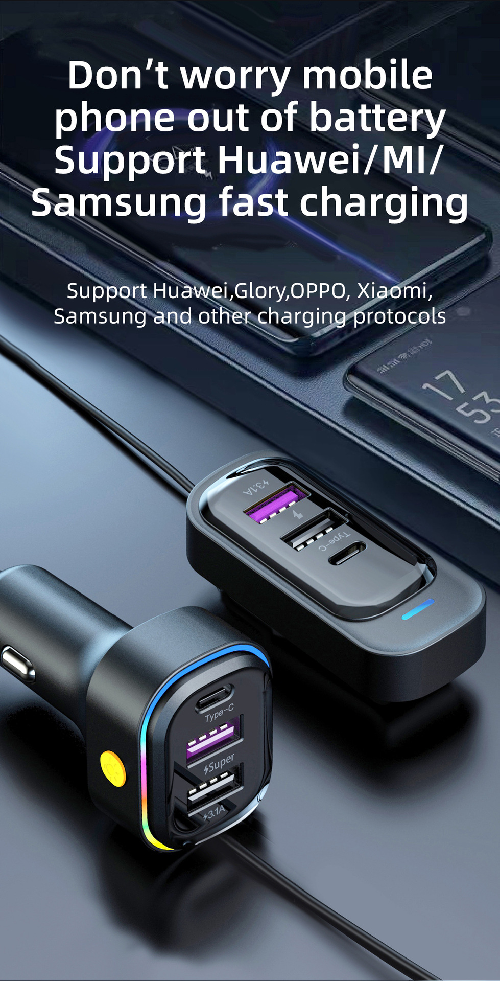 Cross-border new car usb charger snap-on car rear porous wired mobile phone 66W super fast charging