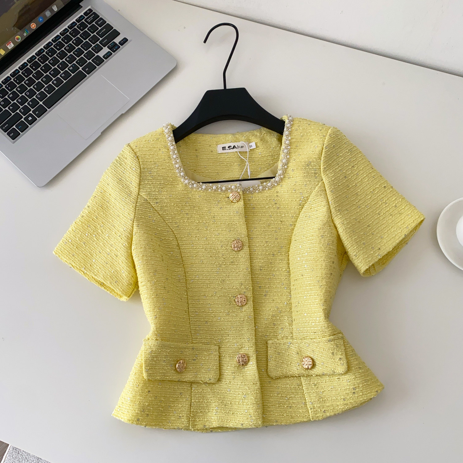 Women's French Style Beaded Square Neck Short Sleeve Summer Blouse_voghion.com