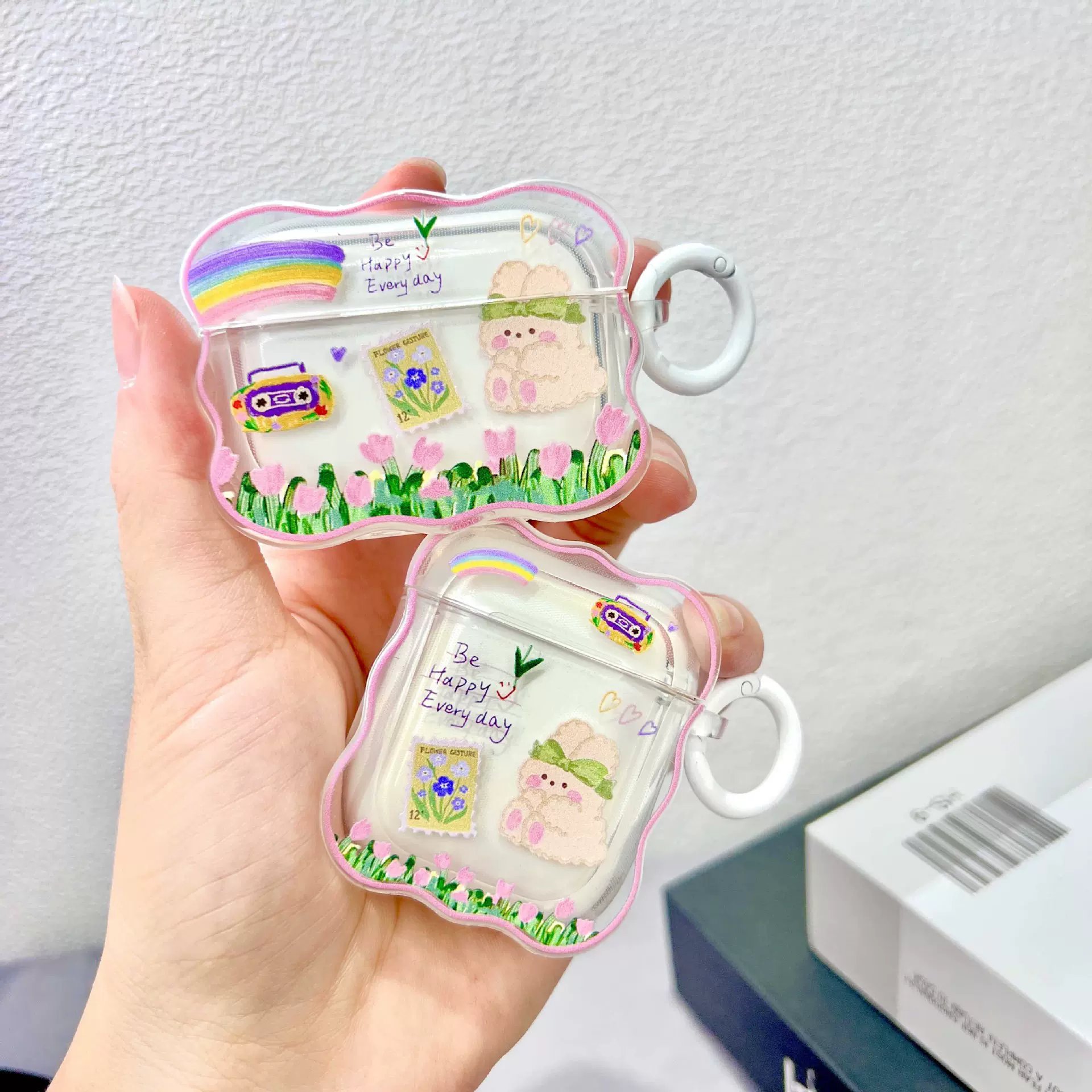 卡通彩虹兔子适用Airpods1/2/3代保护套苹果Pro波浪纹耳机软壳透