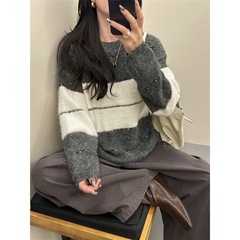 2025新款慵懒风百搭显瘦条纹针织衫女宽松圆领设计感复古毛衣上衣