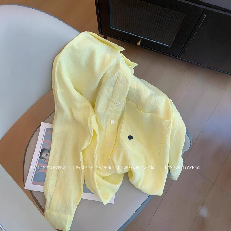 Niche High-End Yellow Cotton and Linen Shirt Tops for Women in Spring and Summer French Casual Age-Reducing Style for Small People with Sun Protection