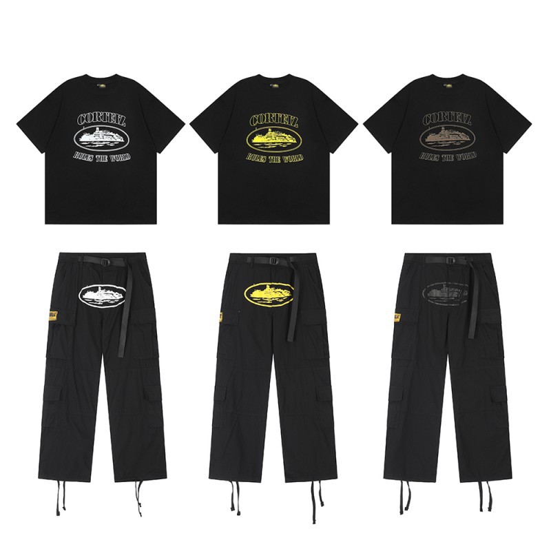 Pantalones cargo estilo COR Devil de la marca estadounidense de moda para hombre, con múltiples bolsillos, botones laterales, pantalones jogger vintage holgados de pierna recta con cordón ajustable.