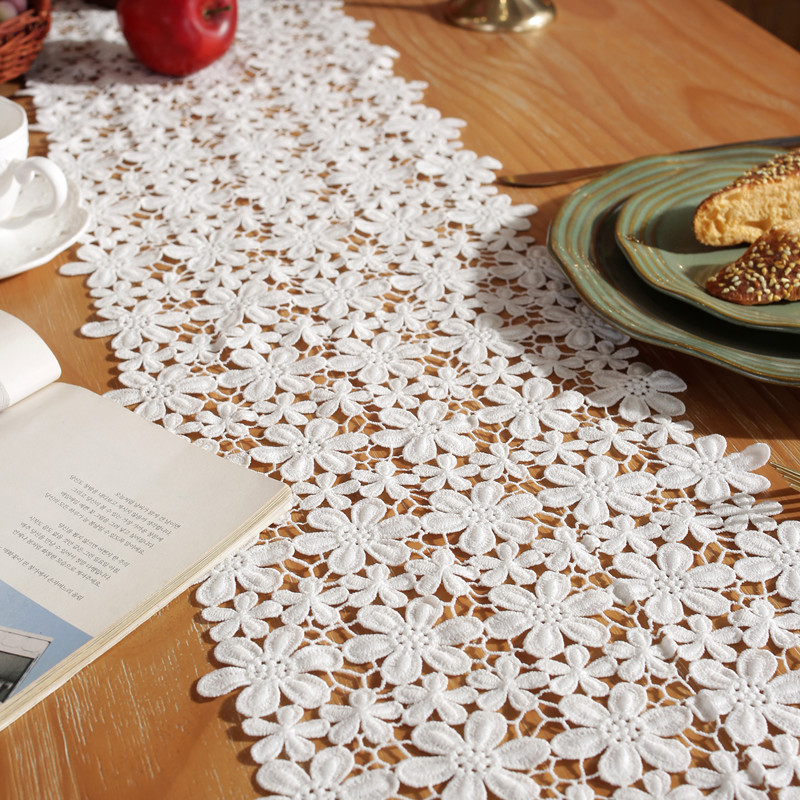 Rustic Romantic White Hollow Floral Polka Dot Milk Silk Water-Soluble Lace Table Runner Wedding Decoration Wholesale_voghion.com