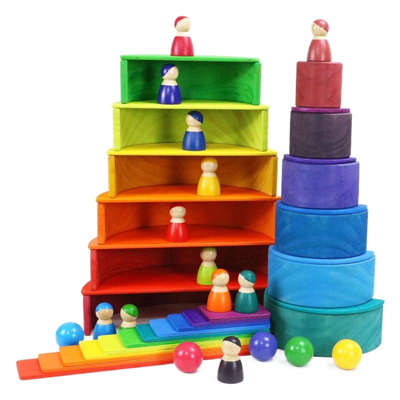 Educación temprana de los niños de madera 11 piezas Rainbow Arch Bridge Half Moon costura creativa niños y niñas educativos apilados juguetes altos