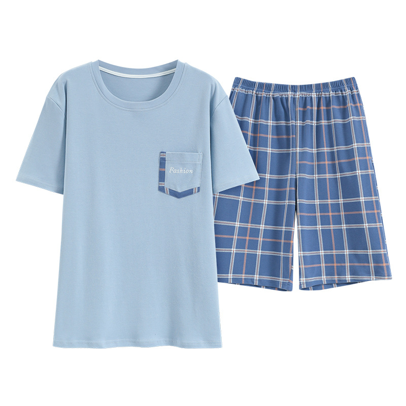 100% pijamas de algodón de verano de los hombres de algodón estilo coreano Delgado suelta manga corta de alta gama ropa para el hogar se puede usar fuera traje