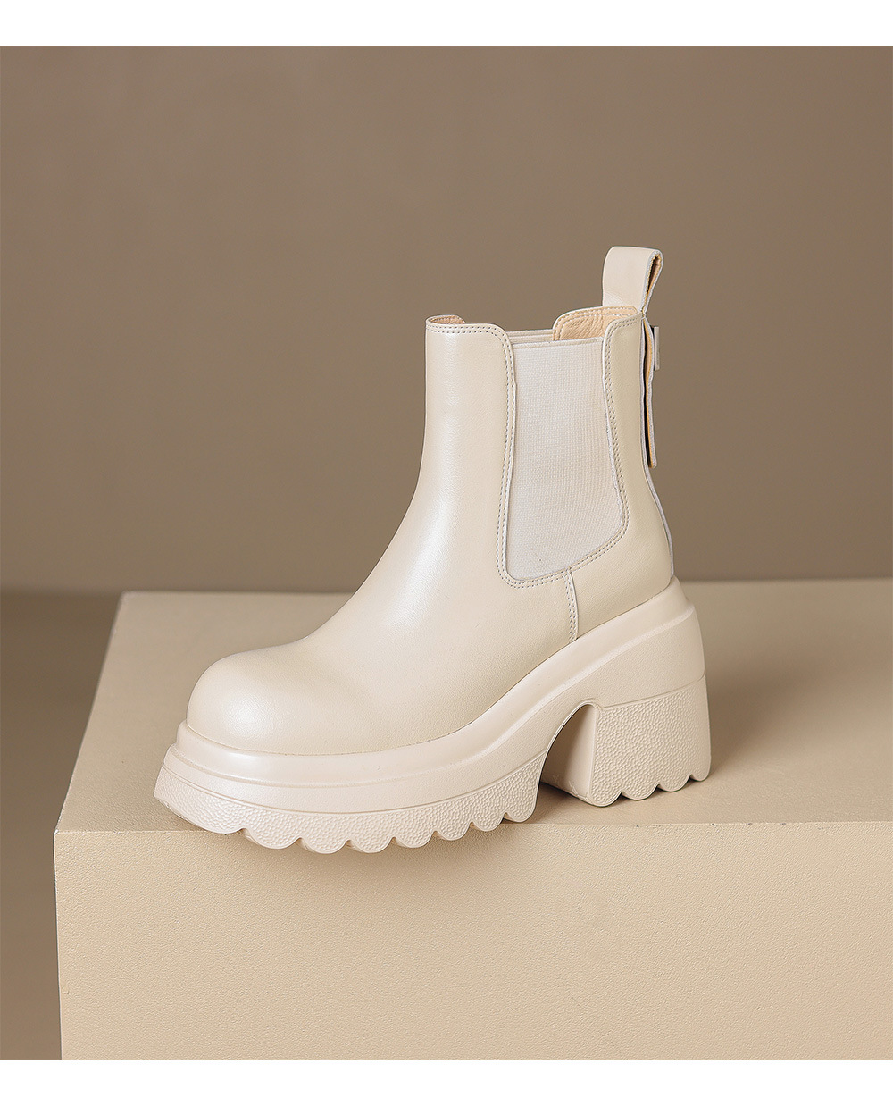 Boot Chelsea nữ da thật đế dày platform gót cao 9 cm mùa thu đông 2025 — Lớp lót đơn màu be, Lớp lót nhung đen, Lớp lót nhung màu be, Lớp lót đơn màu đen chi tiết 16