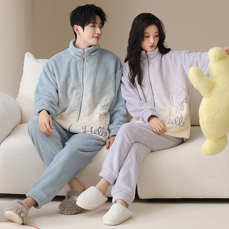Coral vello pareja pijama de invierno para mujeres 2025 nuevo vello con cremallera gruesa se puede usar ropa de franela masculina