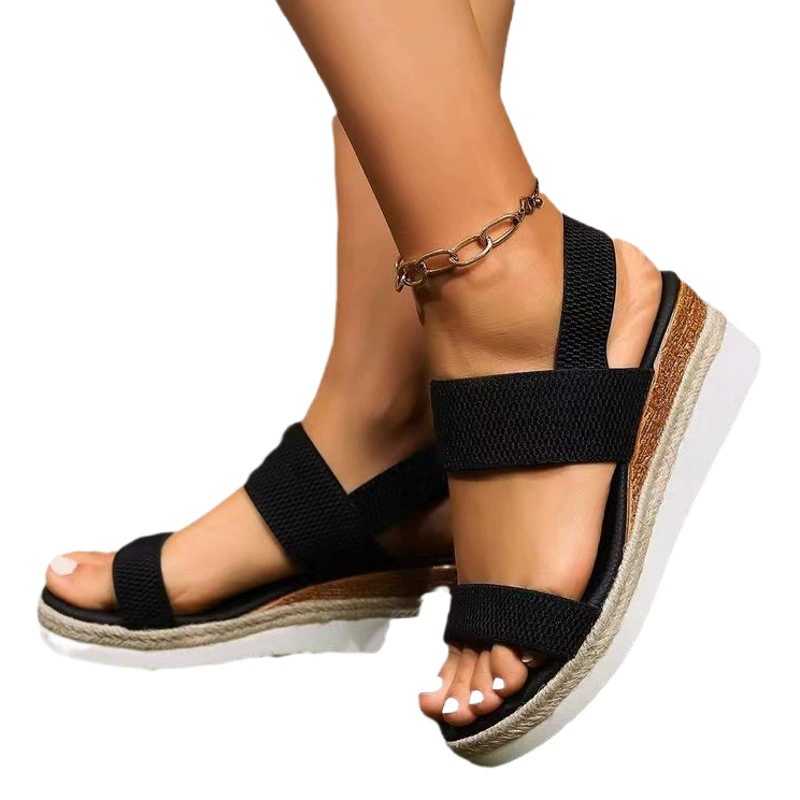 Внешняя торговля, женские трансграничные босоножки на танкетке большого размера, новинка лета 2024, эластичные сандалии без шнуровки на толстой подошве с рыбьим ротом