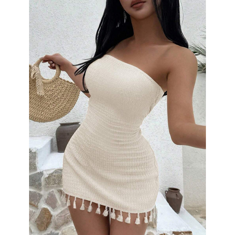 D 11894 comercio exterior transfronterizo tela de textura sexy sin cinturón de hombro vestido de costura de borda