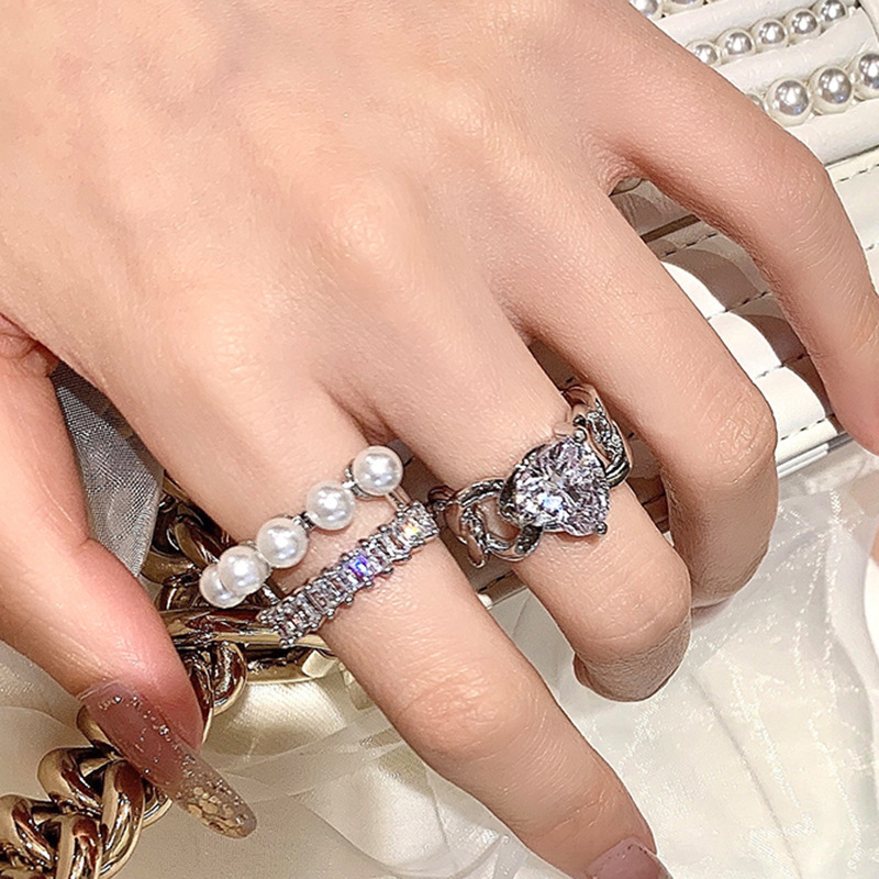 Fashion Heart Shape Copper Inlay Artificial Pearls Zircon Open Ring 1 Piece