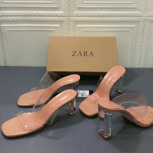 ZA女鞋2024春夏方头一字带透明跟高跟鞋女粗跟后空外穿时装凉鞋女