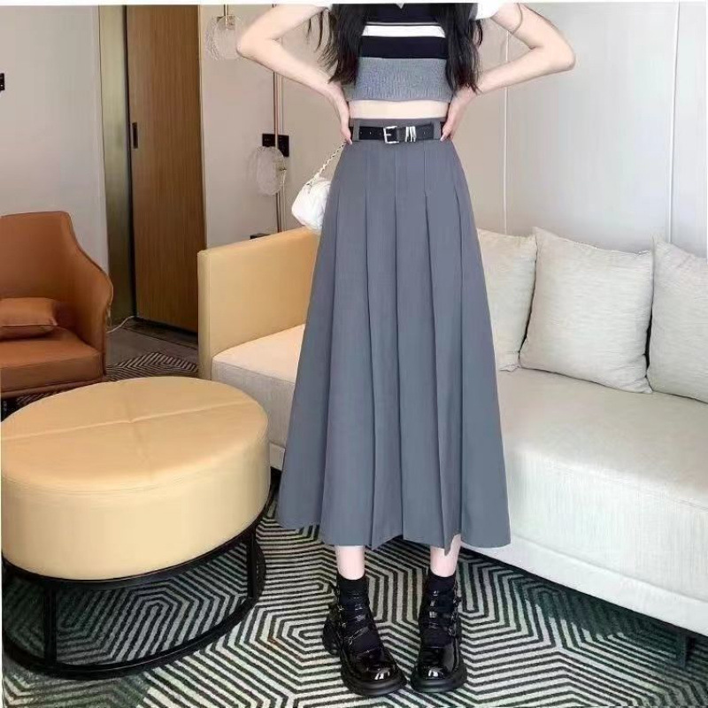 (2개) 회색 세트 주름 치마 2024 가을 새 스커트 높은 허리 슬리밍 주름 긴 A 라인 스커트