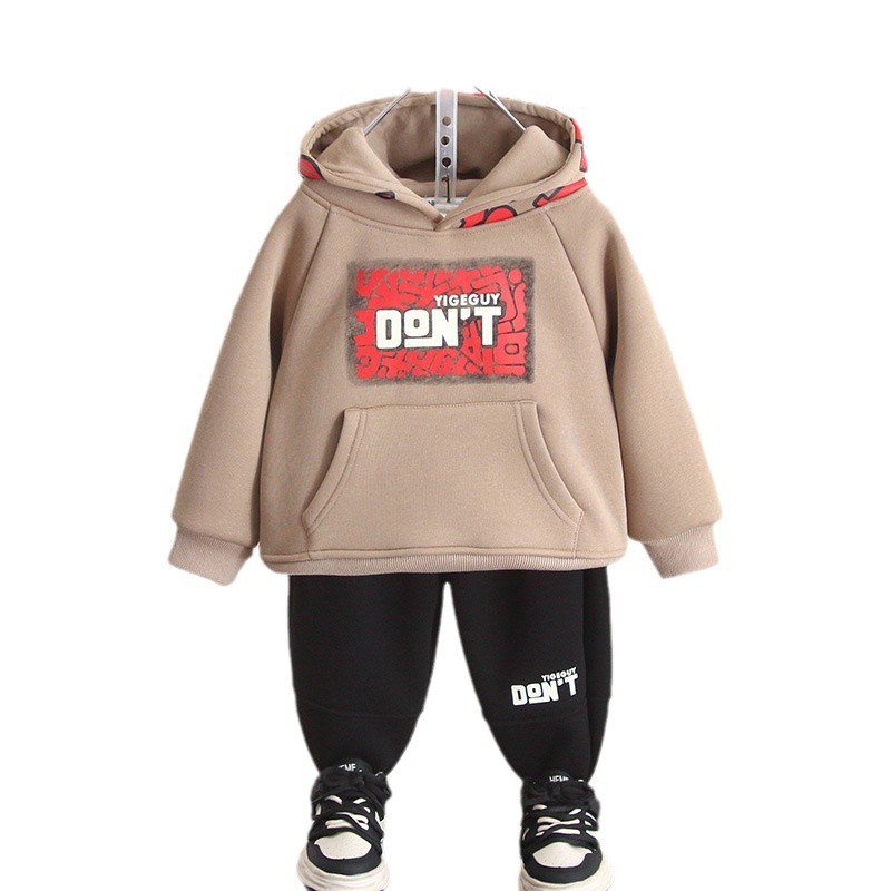 6741 Traje de suéter con capucha para niño Hermoso bebé Otoño e invierno Traje casual de dos piezas 2025 Nuevos niños más terciopelo