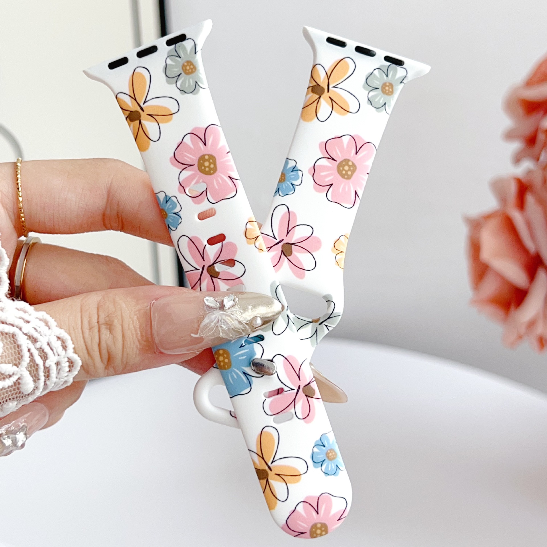 Cross-Border Applicable Apple Watch Apple Watchs10 Flower Printed Silicone Strap iWatch New Hot Sale