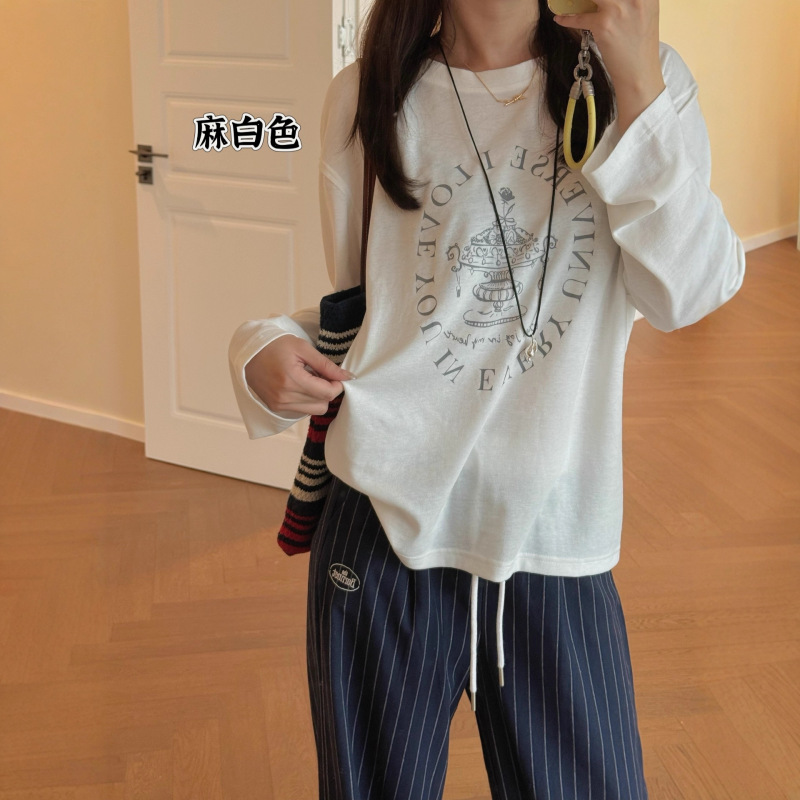 M0014秋季女士薄款法式慵懒风云朵莱赛尔印花宽松百搭打底衫T恤|undefined