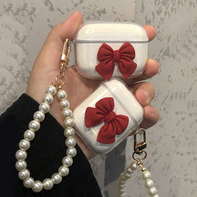 Ins Bow airpods Protective Case Pearl Chain for Apple 3 Generation Earphone Case Pro/1/2 Earphone Case