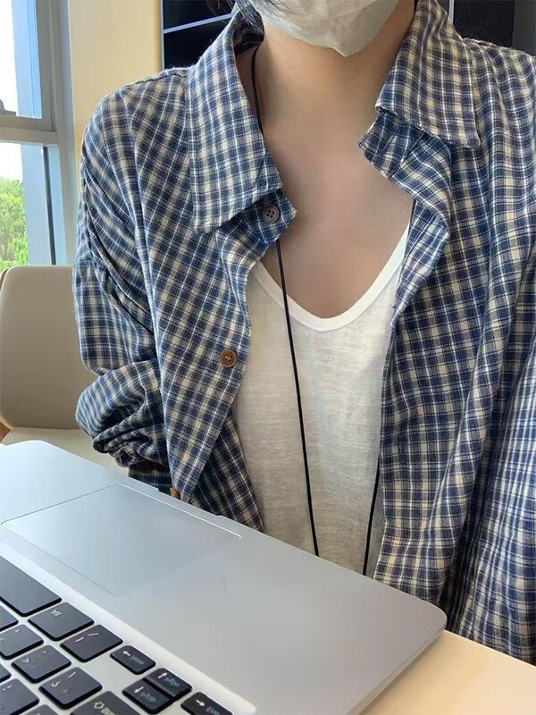 蓝色格子长袖衬衫女春夏秋新款防晒衬衣慵懒风宽松百搭上衣薄外套|undefined